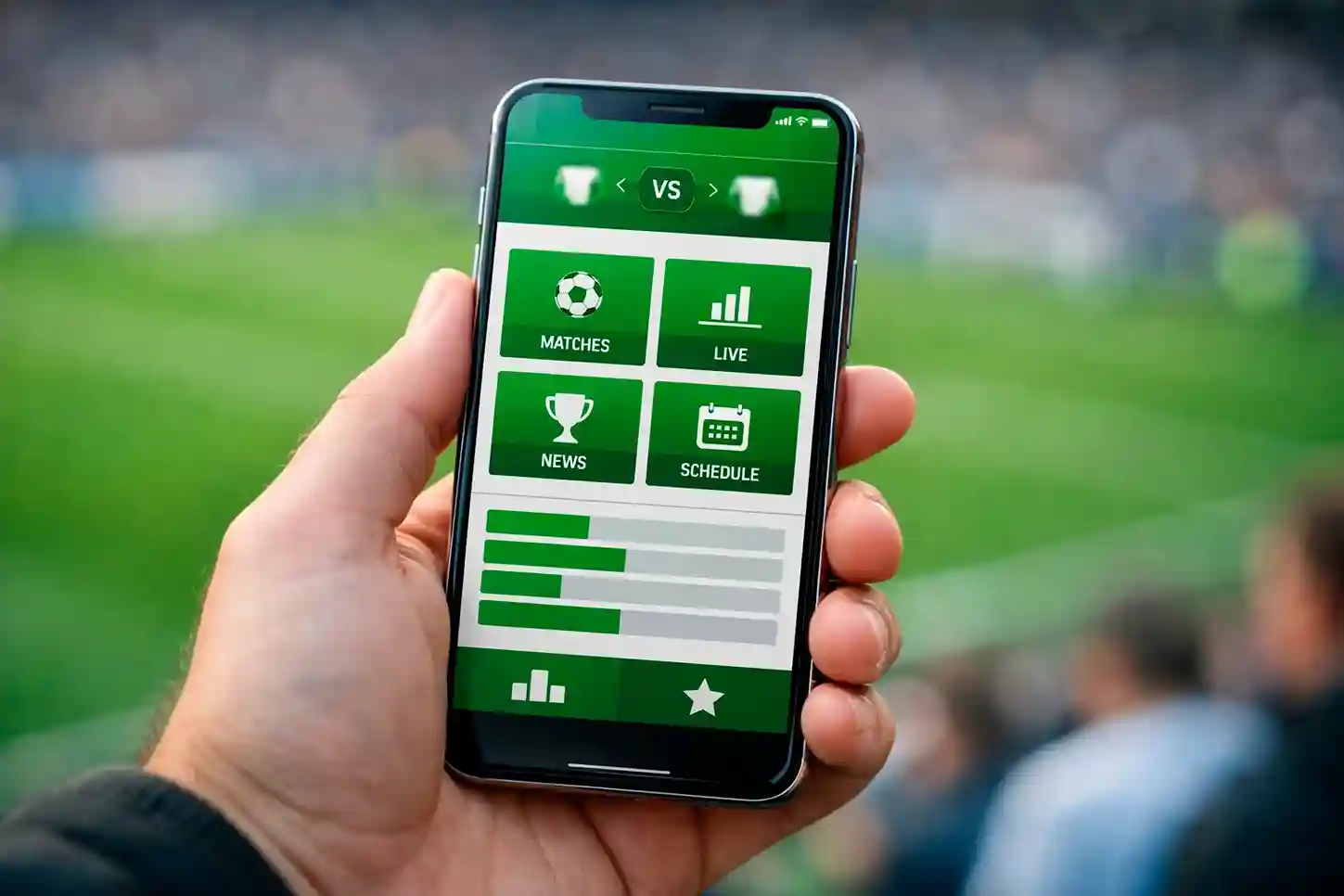Smartphone con interfaccia app scommesse sportive e campo da calcio sullo sfondo