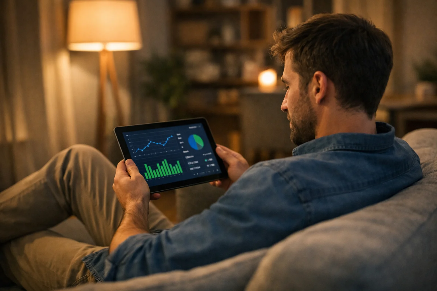 Persona che consulta statistiche calcio su tablet in ambiente domestico