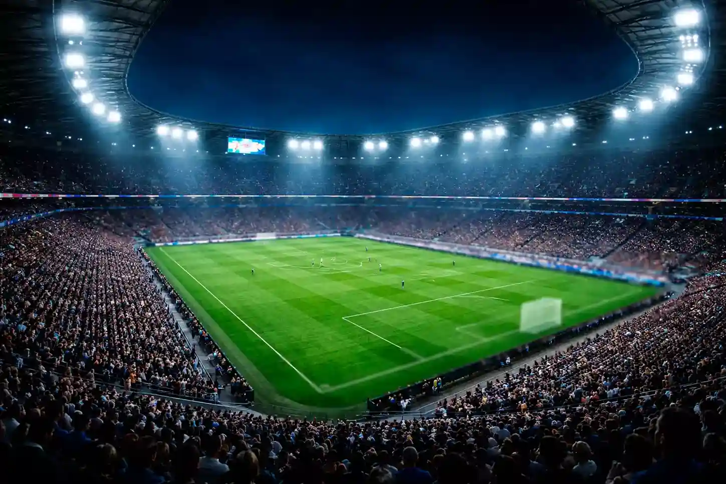 Stadio di calcio illuminato durante partita serale di Champions League