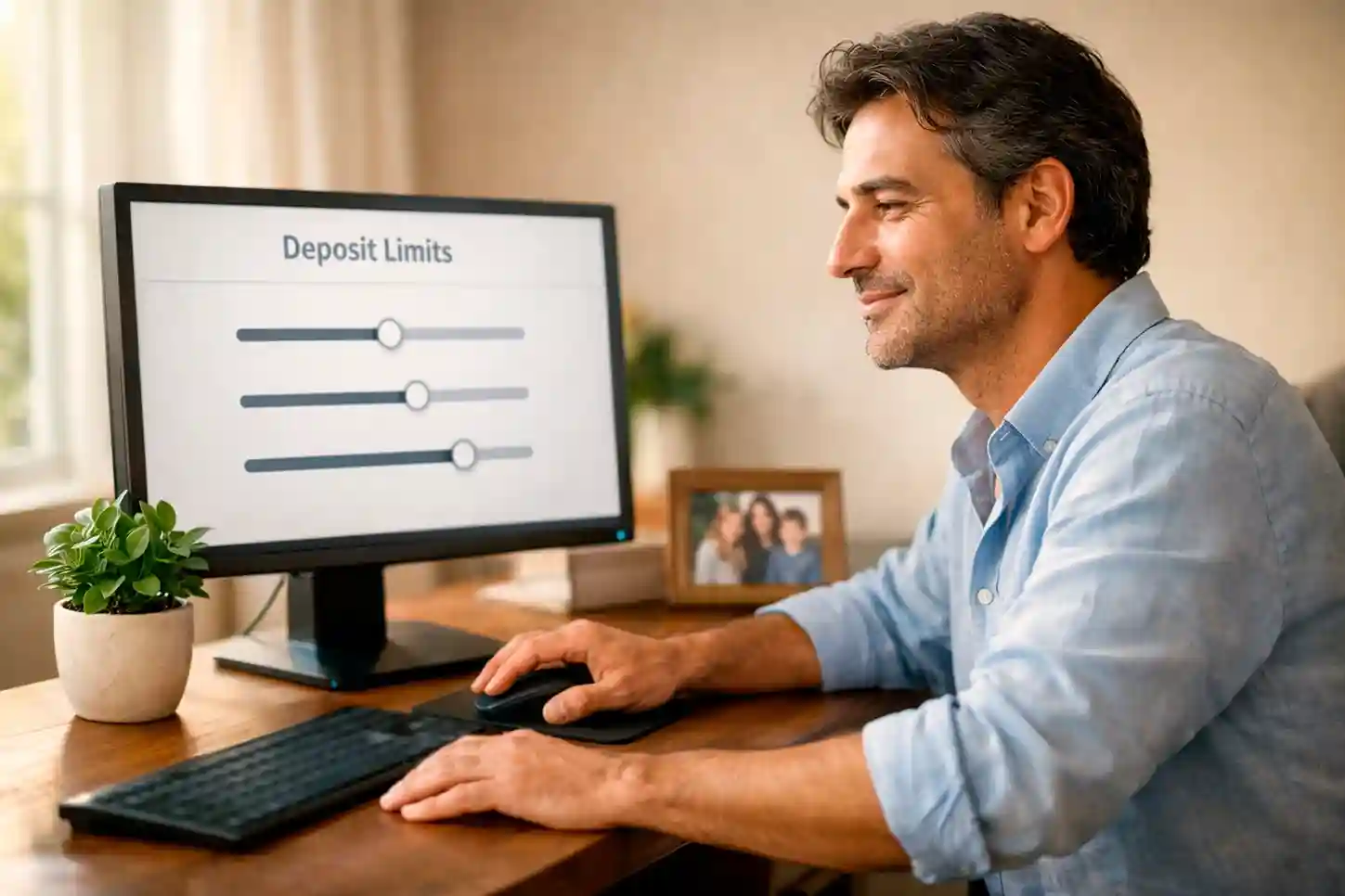 Persona che imposta limiti di deposito su computer con espressione serena