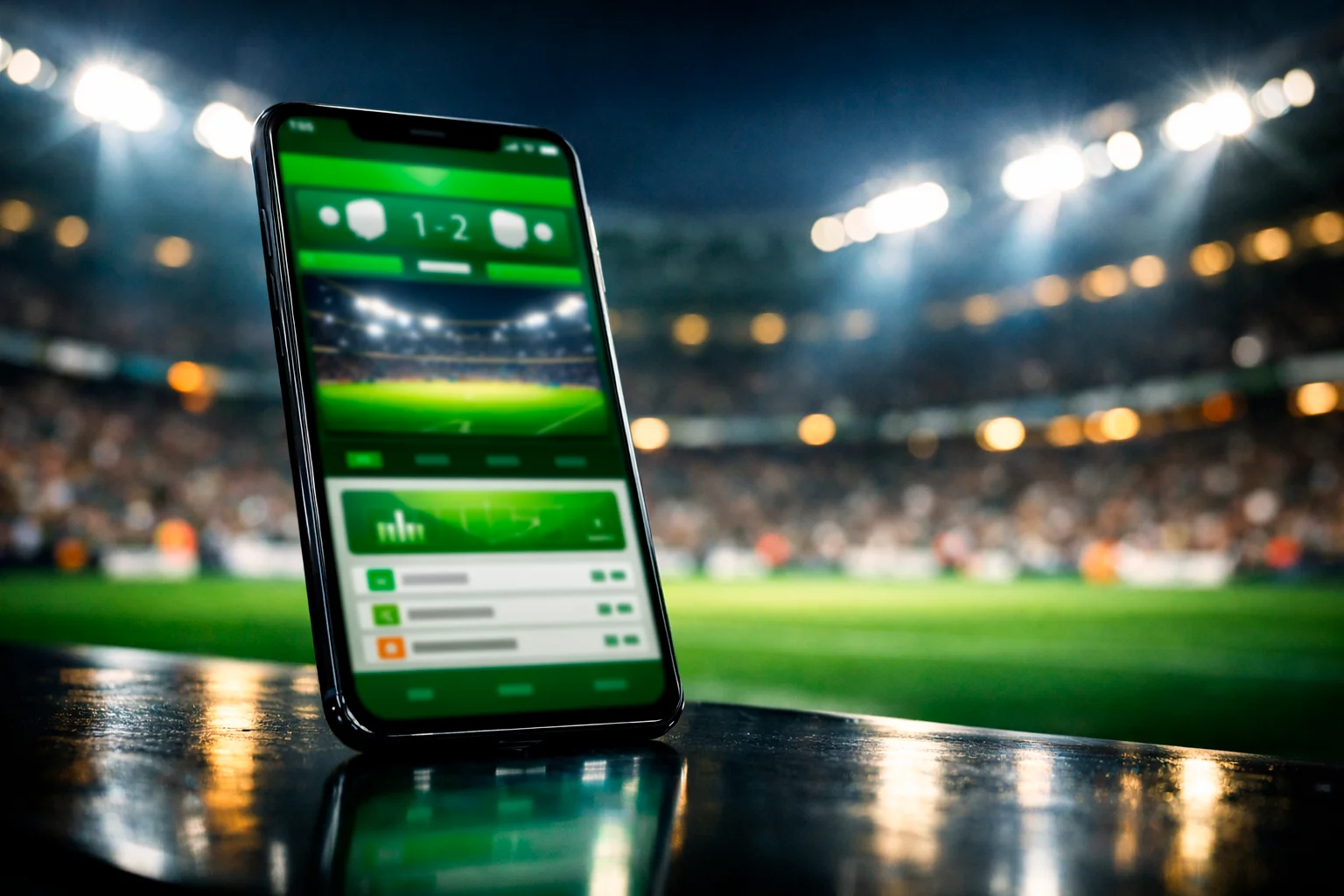 Smartphone con app di scommesse calcio e stadio illuminato sullo sfondo