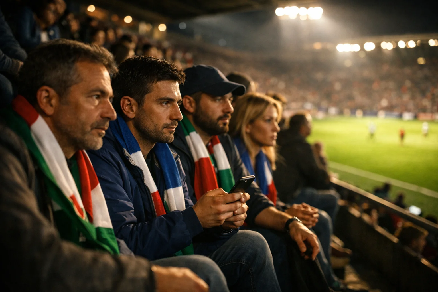 Tifosi che guardano una partita di calcio allo stadio durante le scommesse live