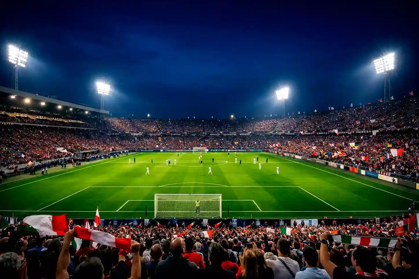 Stadio italiano di Serie A con tifosi e campo da calcio illuminato