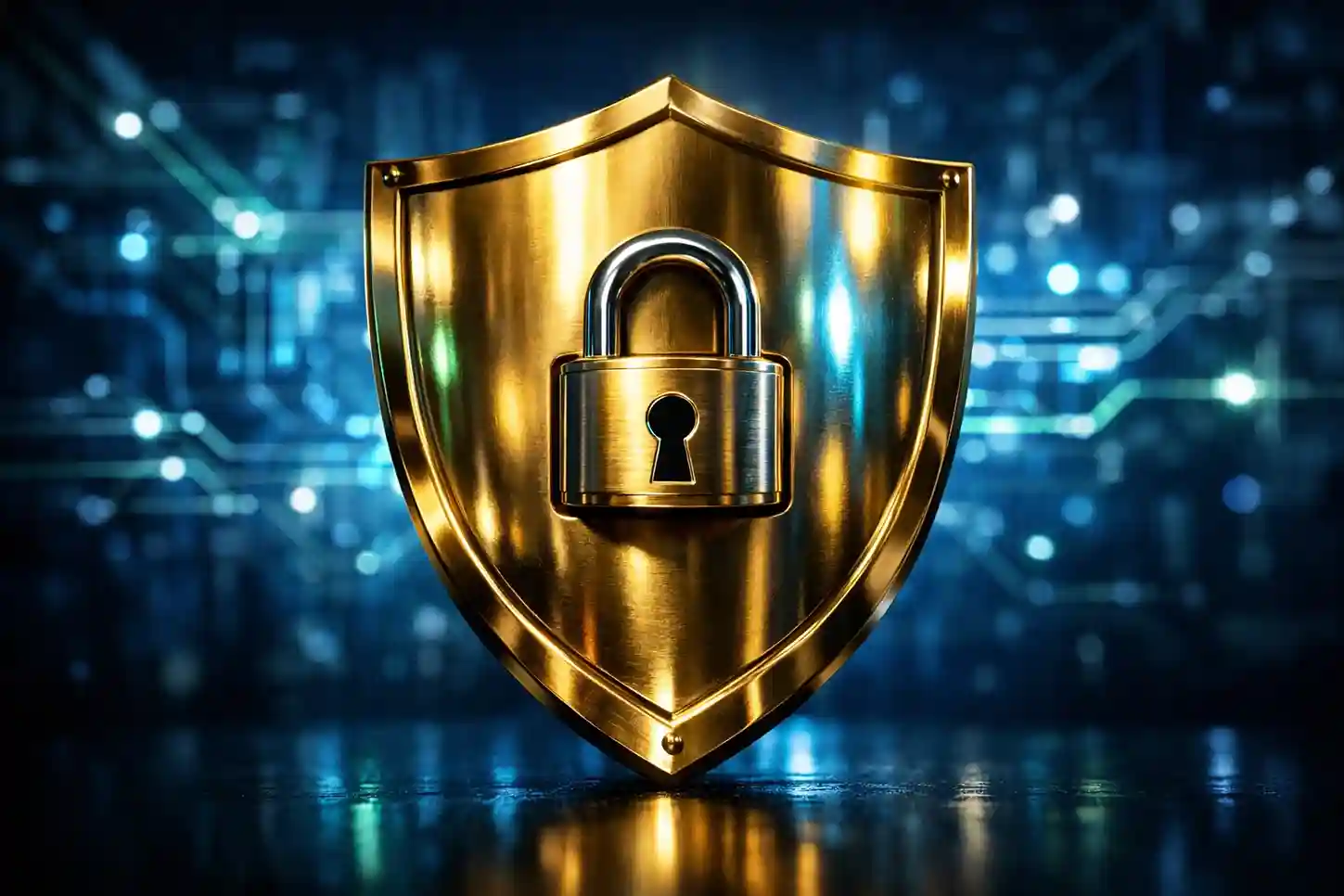 Simbolo di sicurezza con lucchetto e scudo su sfondo di piattaforma digitale