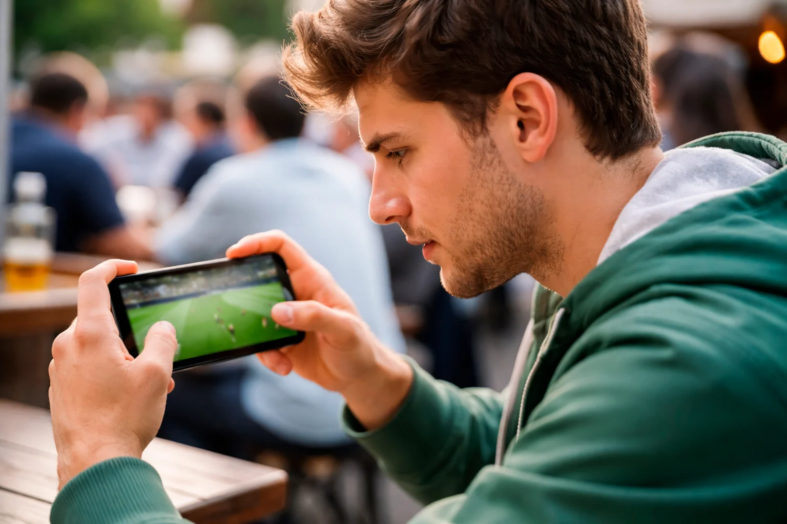 Tifoso che guarda partita di calcio in streaming su smartphone