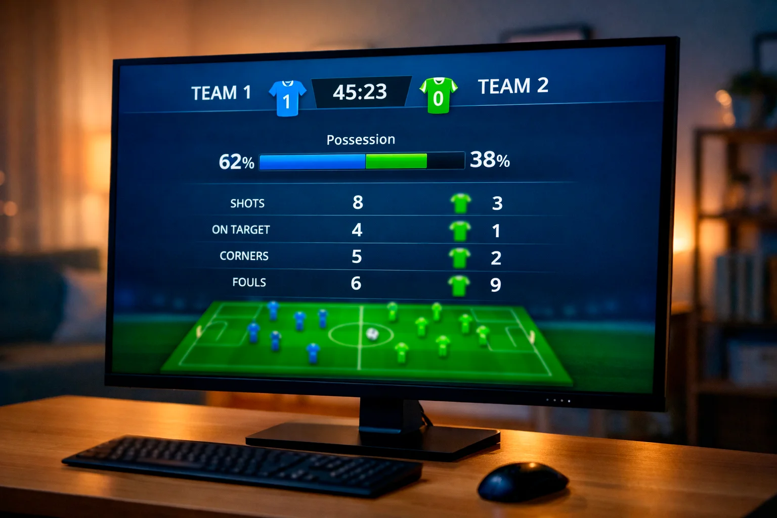 Schermo con statistiche di una partita di calcio in corso