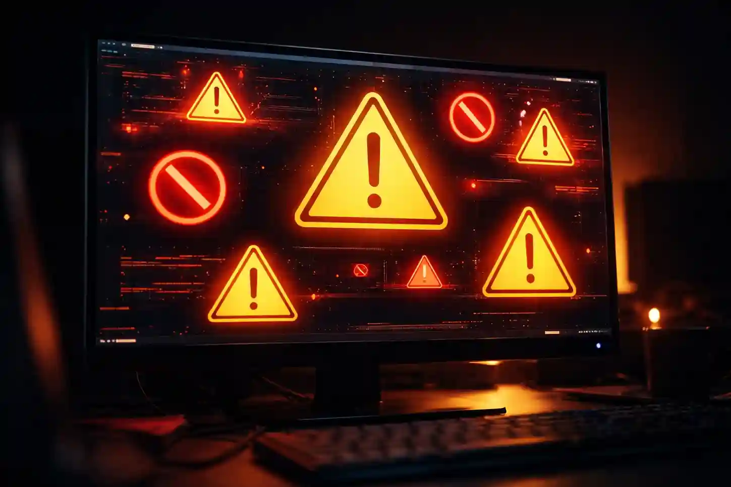 Schermo con segnali di avvertimento e icone di pericolo digitale