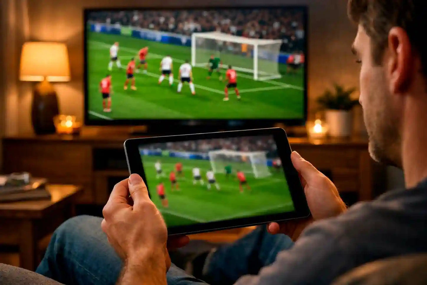 Persona che guarda partita di calcio su tablet mentre segue le quote in tempo reale