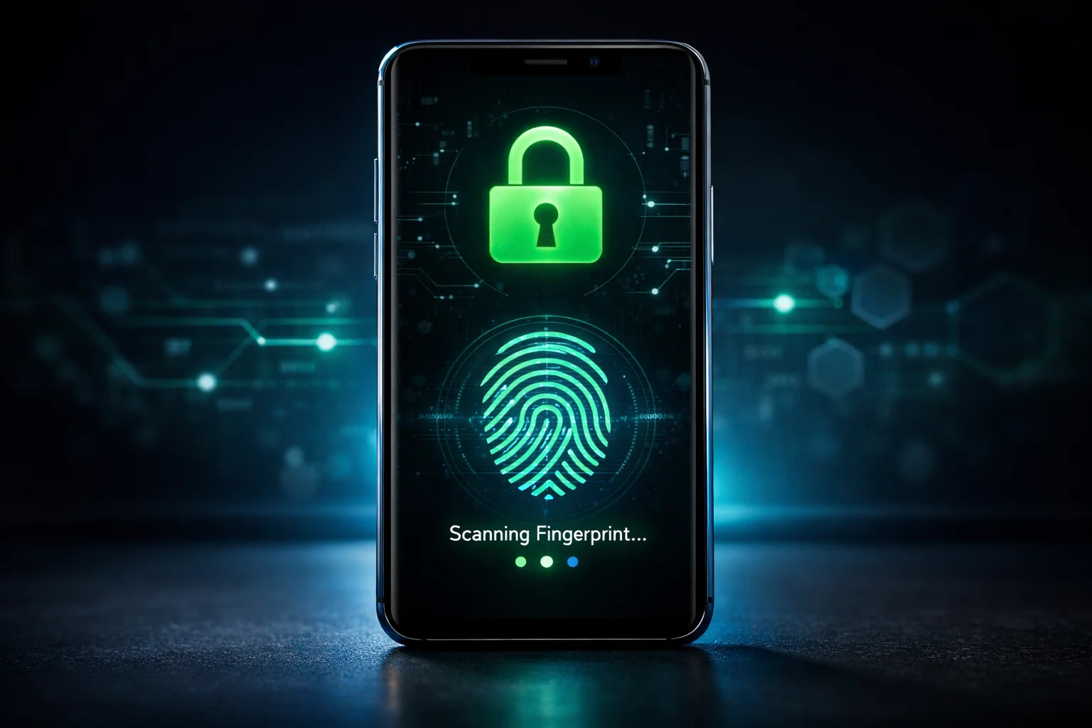Smartphone con icona di lucchetto e autenticazione biometrica