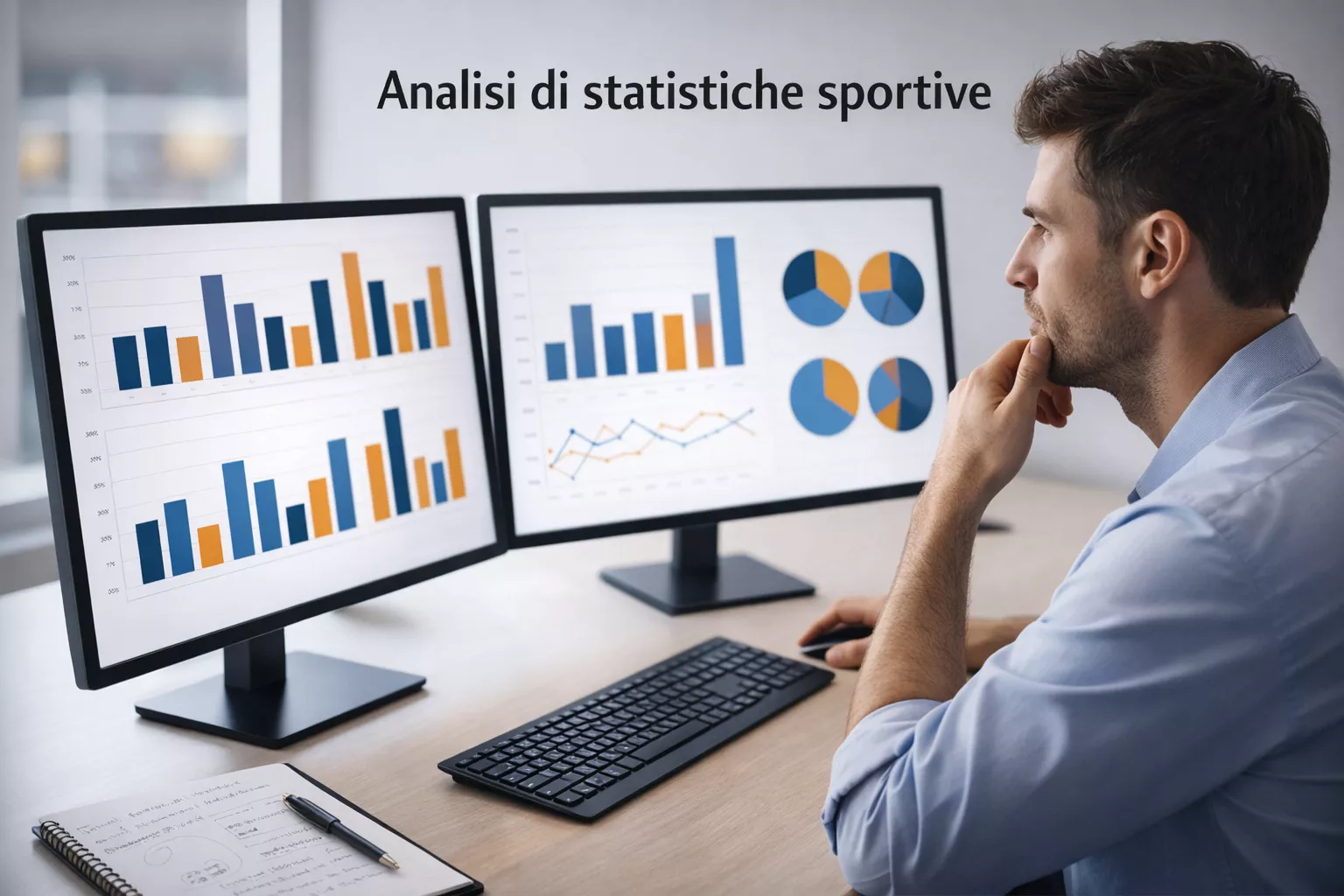 Analista che esamina statistiche di una partita di calcio su monitor