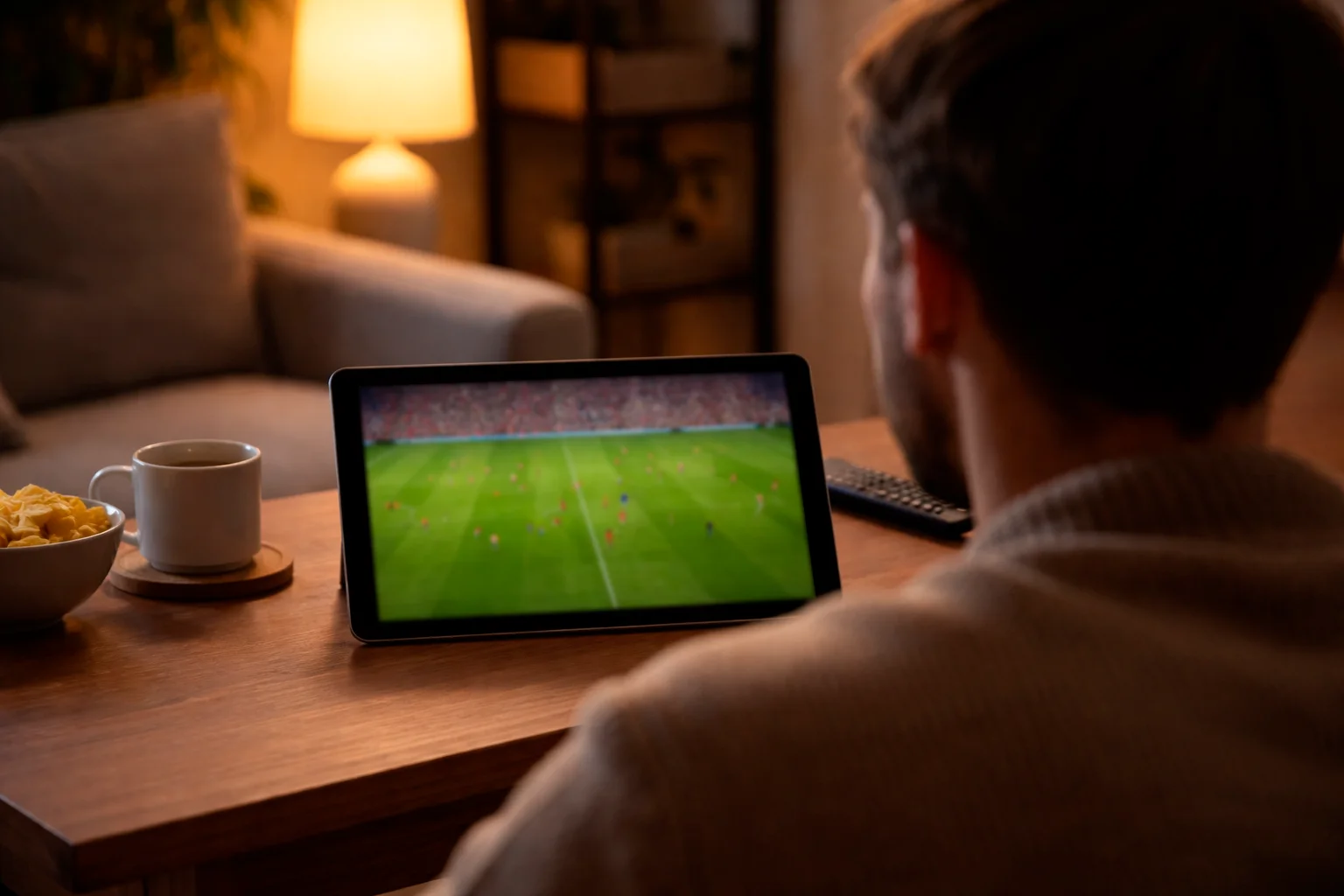 Persona che guarda partita di calcio in streaming su tablet
