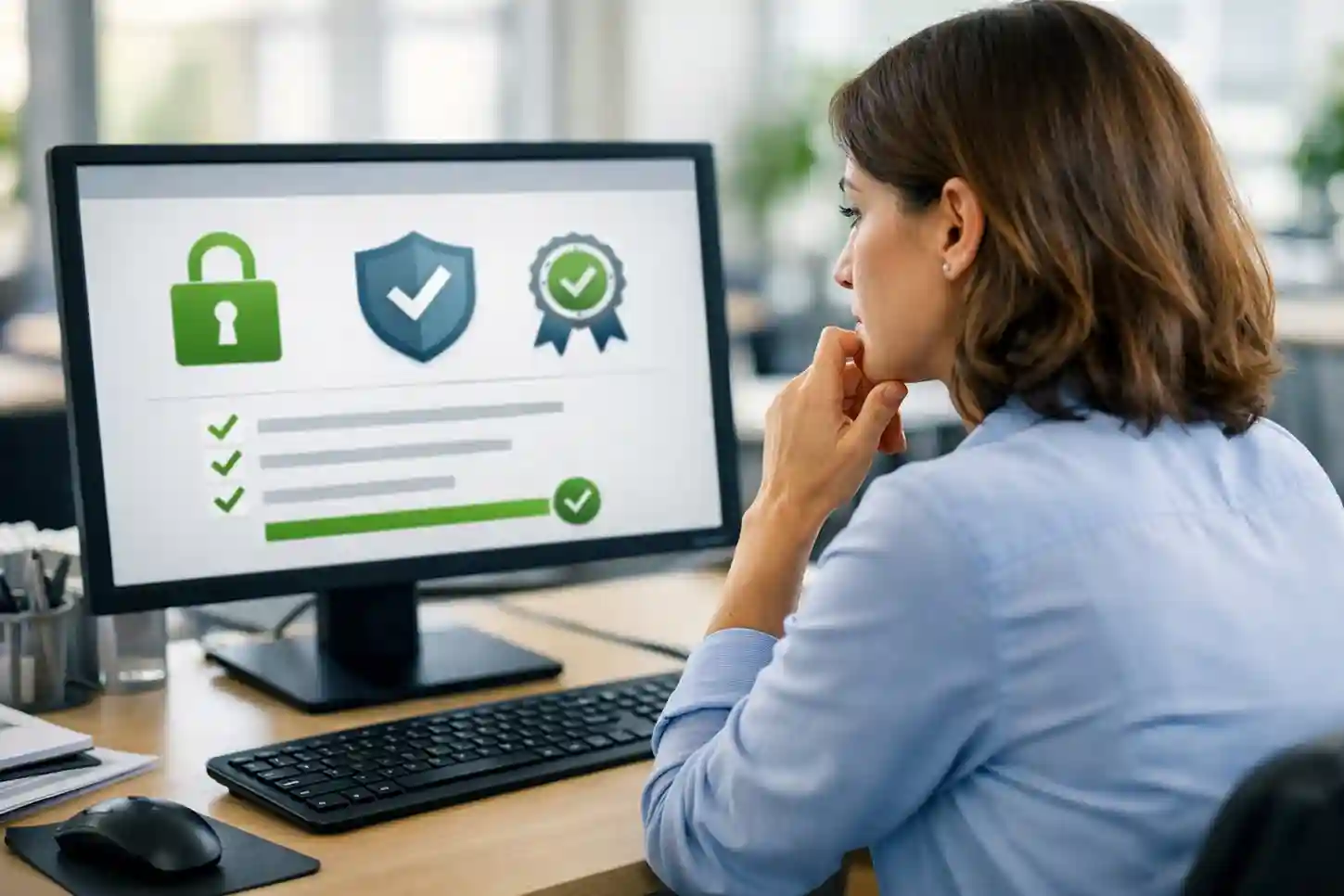 Persona che verifica credenziali di sicurezza su schermo computer